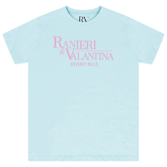 Turquoise oversized T-shirt with “Ranieri & Valentina Beverly Hills” pink logo, flat lay front view.
