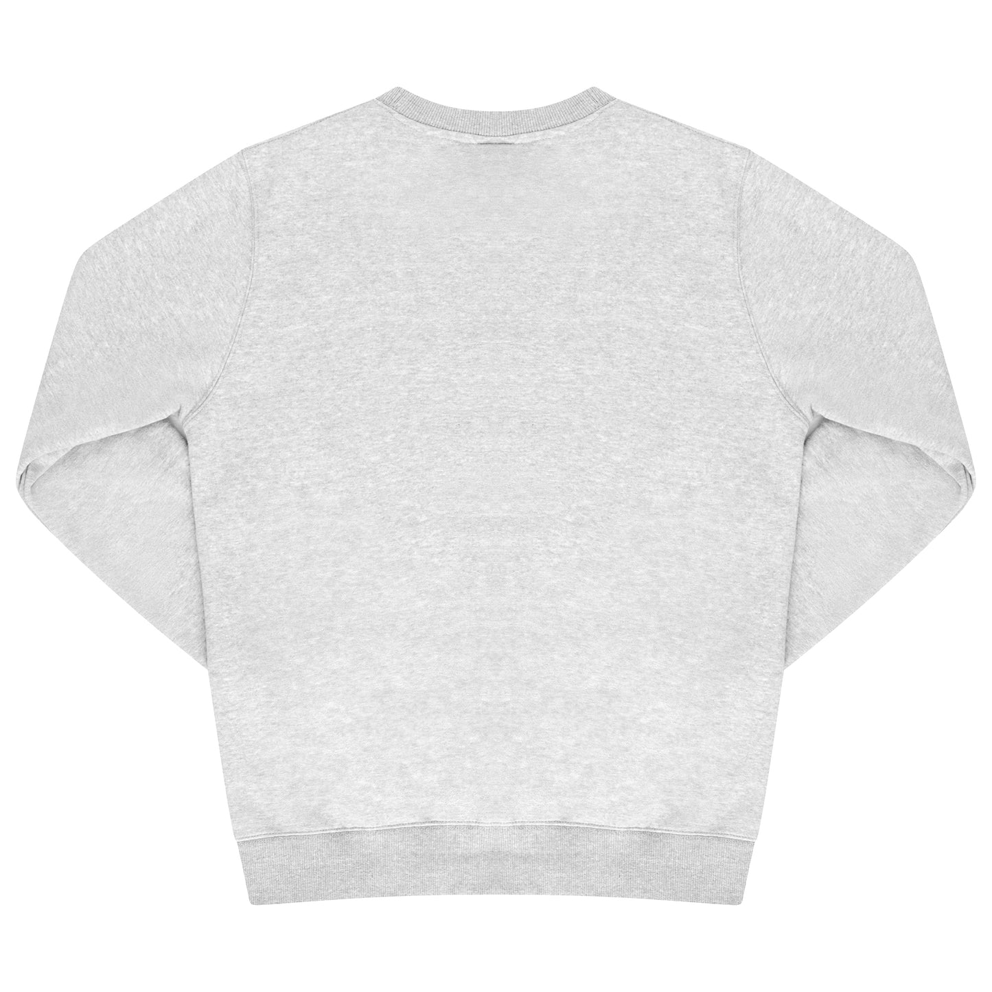 Rear view of grey sweatshirt with plain back, ribbed trims, and relaxed fit.