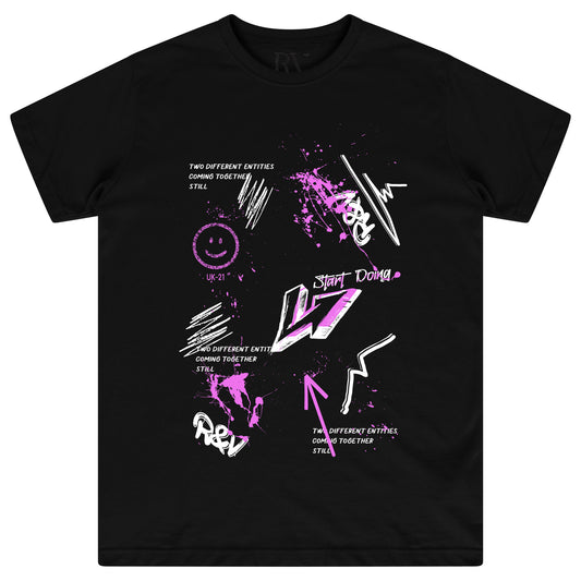 Front flat lay of black oversized T-shirt with bold graffiti digital print – crewneck, short sleeves, streetwear fit.