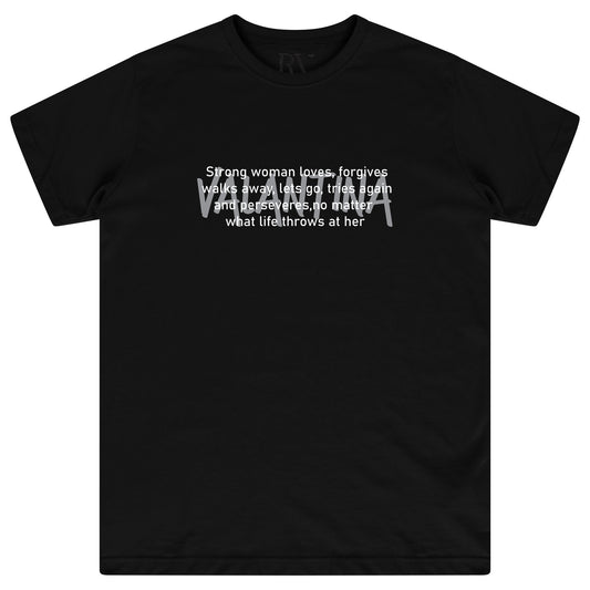 Black Strong Woman Oversized T-Shirt featuring a bold white “STRONG WOMAN” front print, round neckline, and short sleeves.