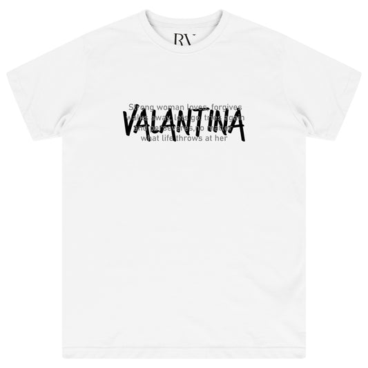 White oversized T-shirt featuring bold black “STRONG WOMAN” print on the chest, a round neckline, and short sleeves.