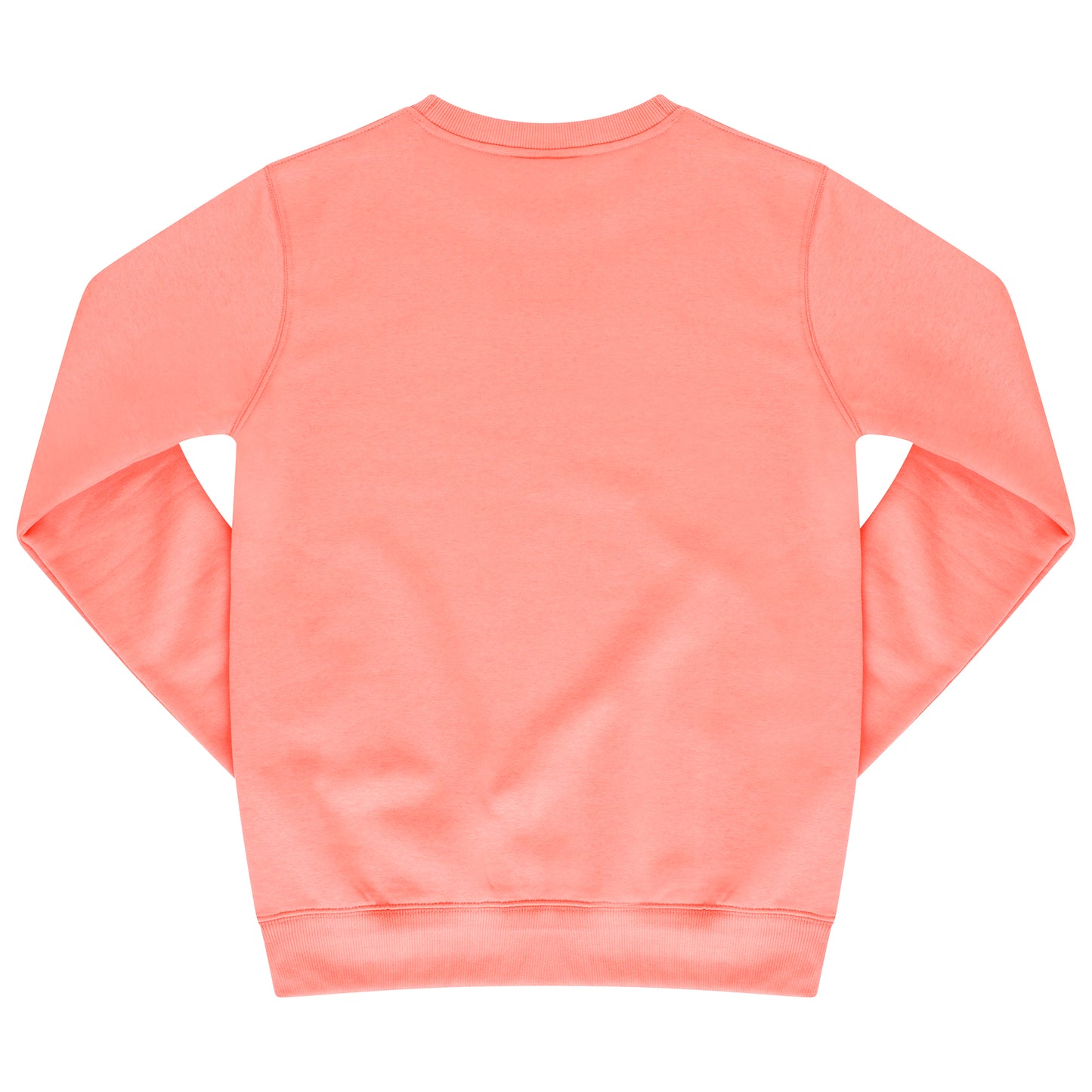 Laid-flat coral sweatshirt showing the plain back, ribbed cuffs and hem, and classic crew neck silhouette.
