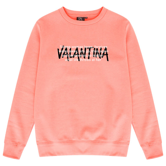 Coral Strong Woman sweatshirt featuring a bold “STRONG WOMAN” chest print, round neckline, and ribbed trims.