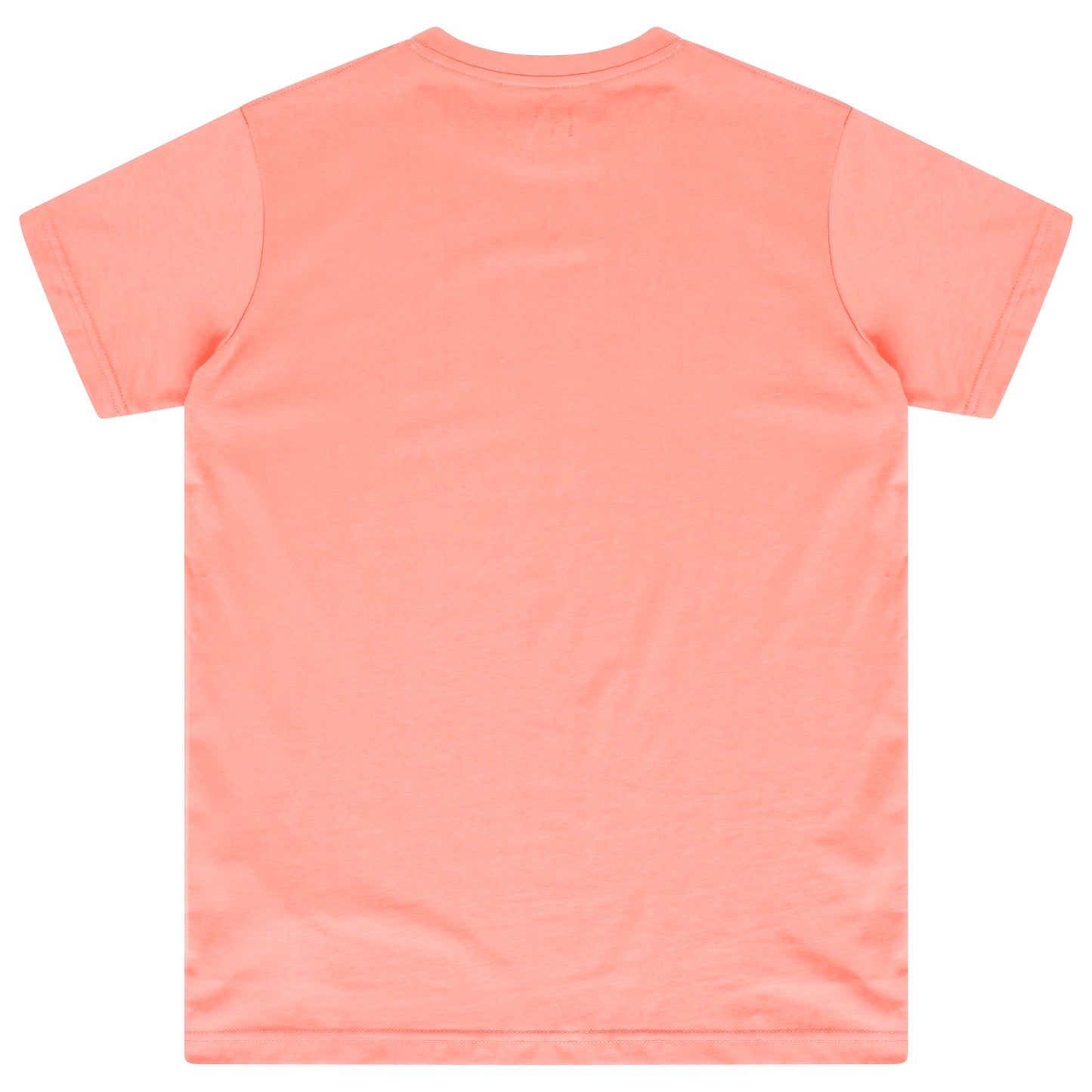 Laid-flat coral t-shirt showing the plain back, short sleeves, and oversized relaxed fit.