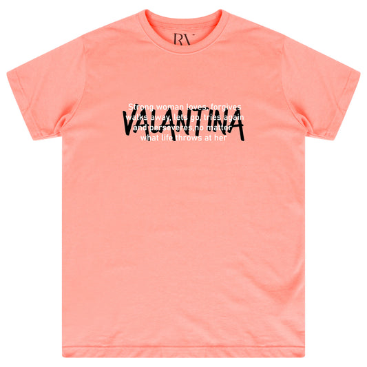 Coral oversized Strong Women T-Shirt featuring bold white “STRONG WOMEN” text on the front and a crew neckline.