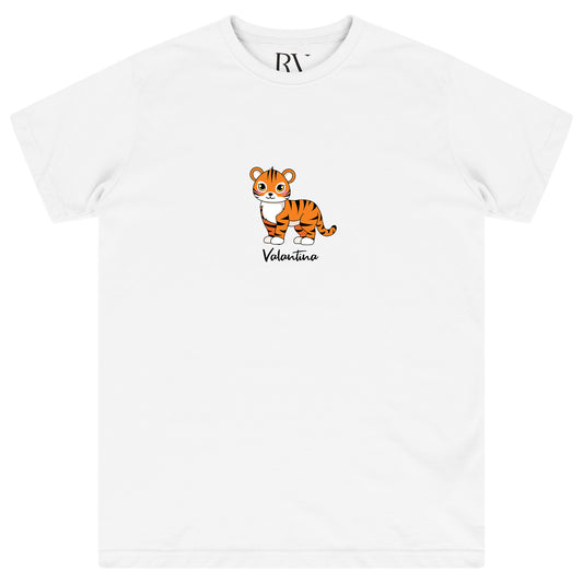 White oversized women’s T-shirt featuring a large bold tiger graphic printed on the front, classic round neckline, and short sleeves.