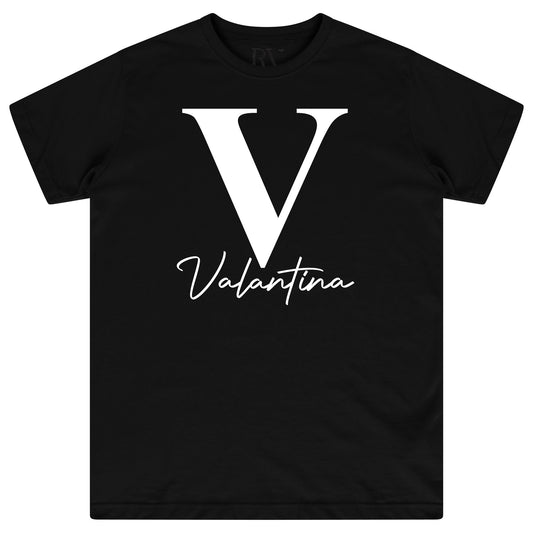 Black oversized Valantina Signature Graphic T-Shirt featuring bold white signature print across the chest and a round neckline.