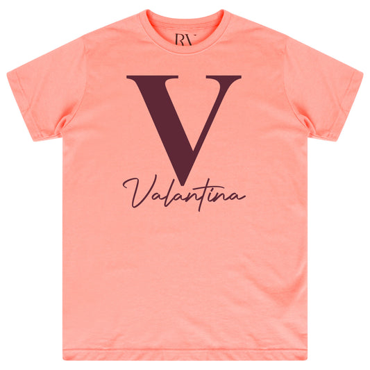 Coral oversized Valantina Signature Graphic T-Shirt displaying bold black signature print on the chest and a round neckline.