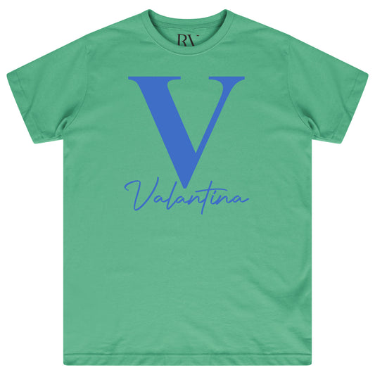 Green oversized Valantina Signature Graphic T-Shirt featuring bold black signature print across the chest and classic crew neckline.