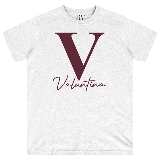 Grey Valantina Signature Graphic T-Shirt showing the bold black signature print on the chest with a round neckline.
