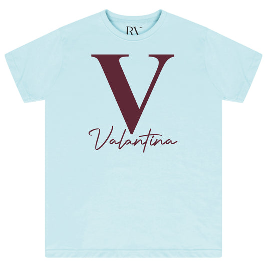Turquoise Valantina Signature Graphic T-Shirt displaying bold black signature print across the chest with a classic crew neckline.