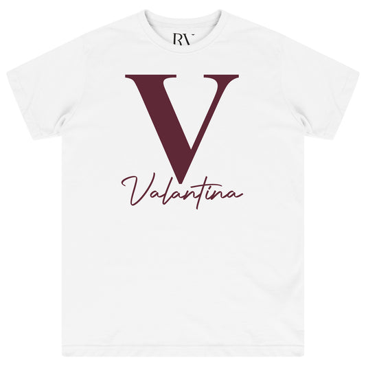 White oversized Valantina Signature Graphic T-Shirt displaying elegant black signature print across the chest and a round neckline.