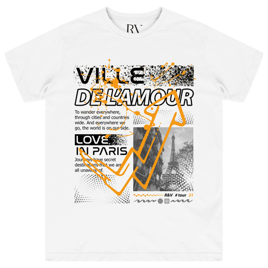 Front flat lay of white oversized Ville De L'amour T-shirt with bold black “Ville De L'amour” graphic text – crewneck, short sleeves.