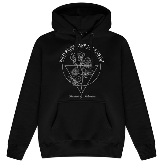 Black Wild Roses Hoodie with artistic front print and drawstrings.