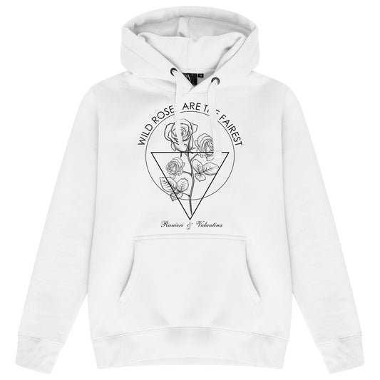 Main product image: White Wild Roses hoodie with black floral line artwork and drawstrings on the front.