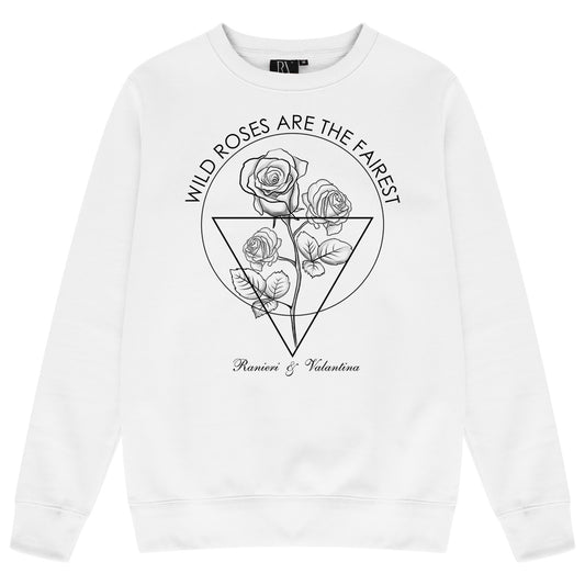 White Wild Roses sweatshirt featuring bold black floral print and classic crew neck.