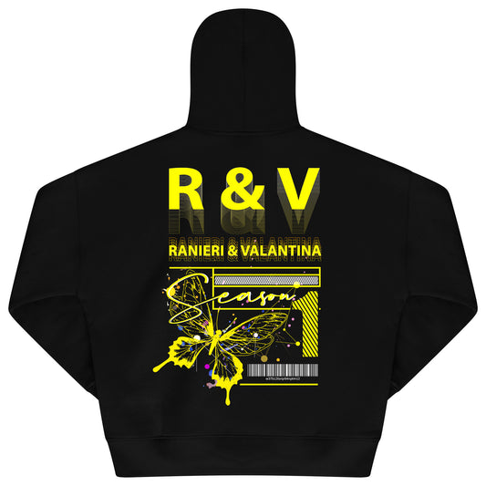 Back flat lay of men's black oversized hoodie featuring bold yellow butterfly and graphic R&V print – oversized fit.