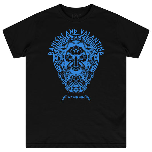 Black Zues Blue Print Graphic T-Shirt displaying bold white “Zues Blue” chest graphic and crew neckline.