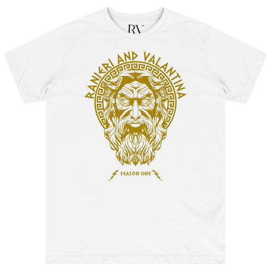 White Zues Yellow Print Graphic T-Shirt with bold yellow “Zues” graphic and crew neckline.