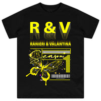 Front flat lay of men's black Yellow Butterfly Oversized T-shirt with bold yellow R&V butterfly graphic – oversized fit.