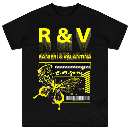 Front flat lay of men's black Yellow Butterfly Oversized T-shirt with bold yellow R&V butterfly graphic – oversized fit.