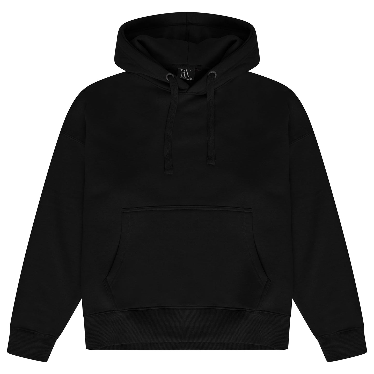 Front flat lay of men’s black 365 Oversized Hoodie with adjustable drawstring hood and kangaroo pocket – oversized fit, 365 Collection.