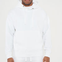 Upper body view of model in men's white oversized hoodie, head to waist, 365 Collection.