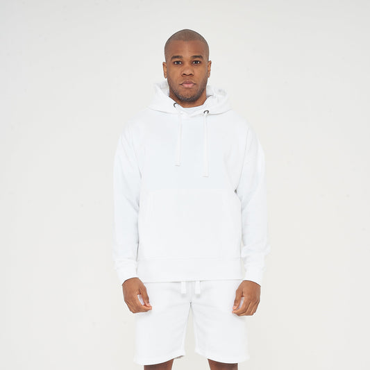 Full-body front view of model wearing men's white oversized hoodie, 365 Collection.