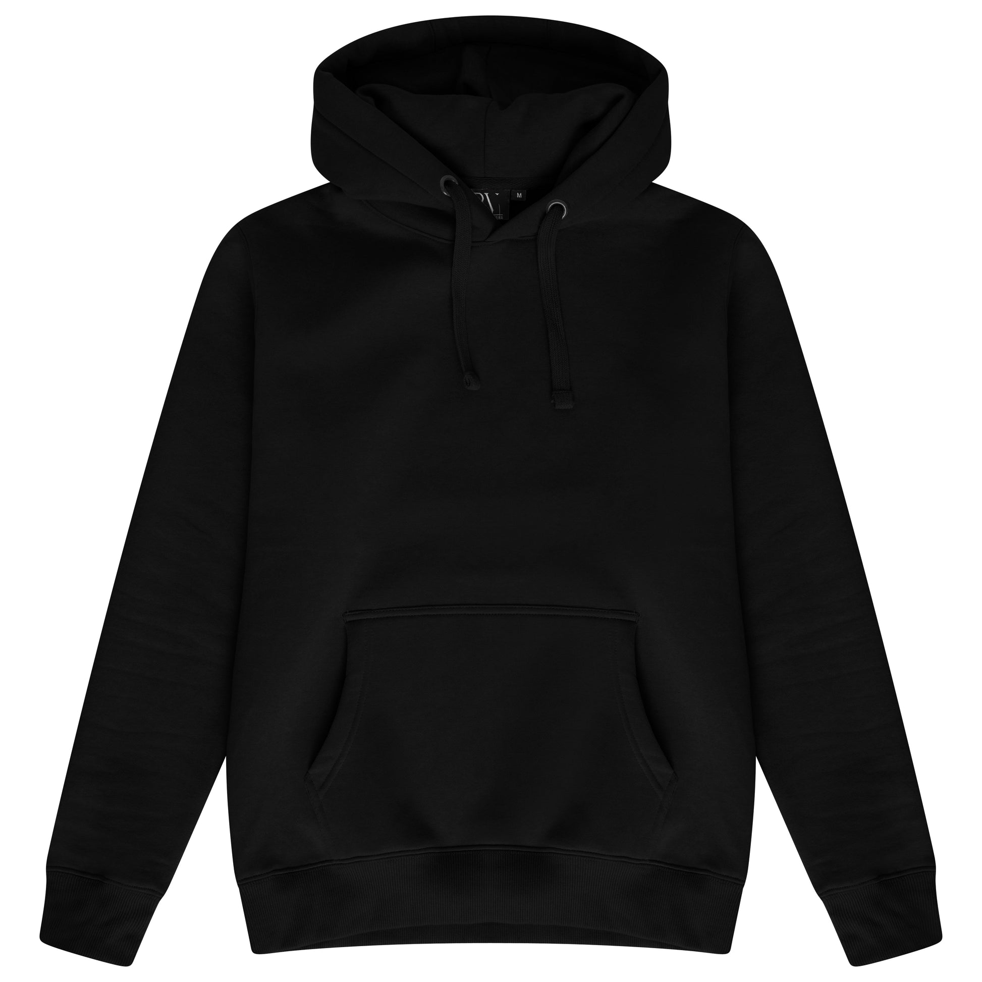 Front flat lay of men’s black 365 Regular Hoodie with drawstring hood and kangaroo pocket – regular fit, 365 Collection. 