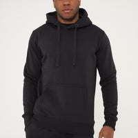 Male model front view wearing hood up in black 365 Regular Hoodie and shorts – regular fit, 365 Collection.