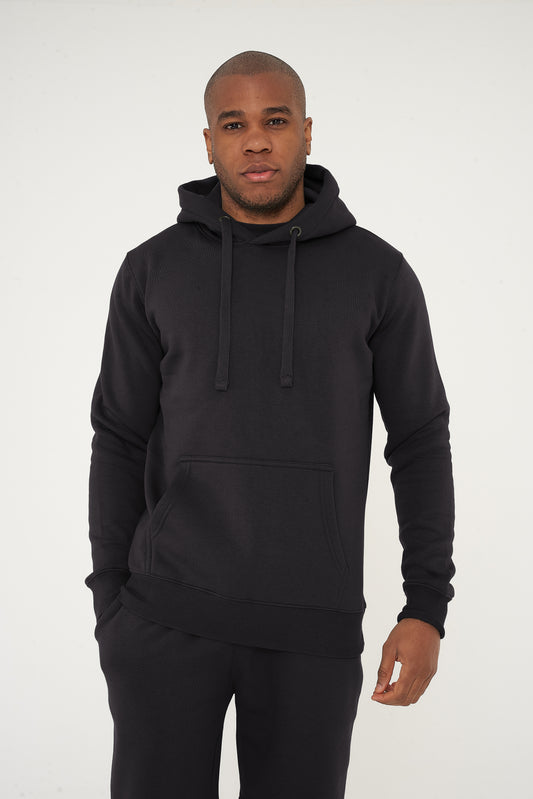 Male model front view wearing hood up in black 365 Regular Hoodie and shorts – regular fit, 365 Collection.