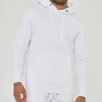 Upper-body front view of model wearing men’s white regular-fit hoodie – 365 Collection.