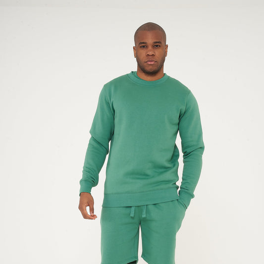 Full-body front view of male model wearing green regular fit sweatshirt and matching shorts - 365 Collection.
