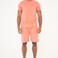 Male model front view wearing coral 365 Regular T-shirt and matching shorts, hands relaxed – 365 Collection – regular fit.