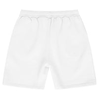 Back view of unisex white cotton shorts laid flat.