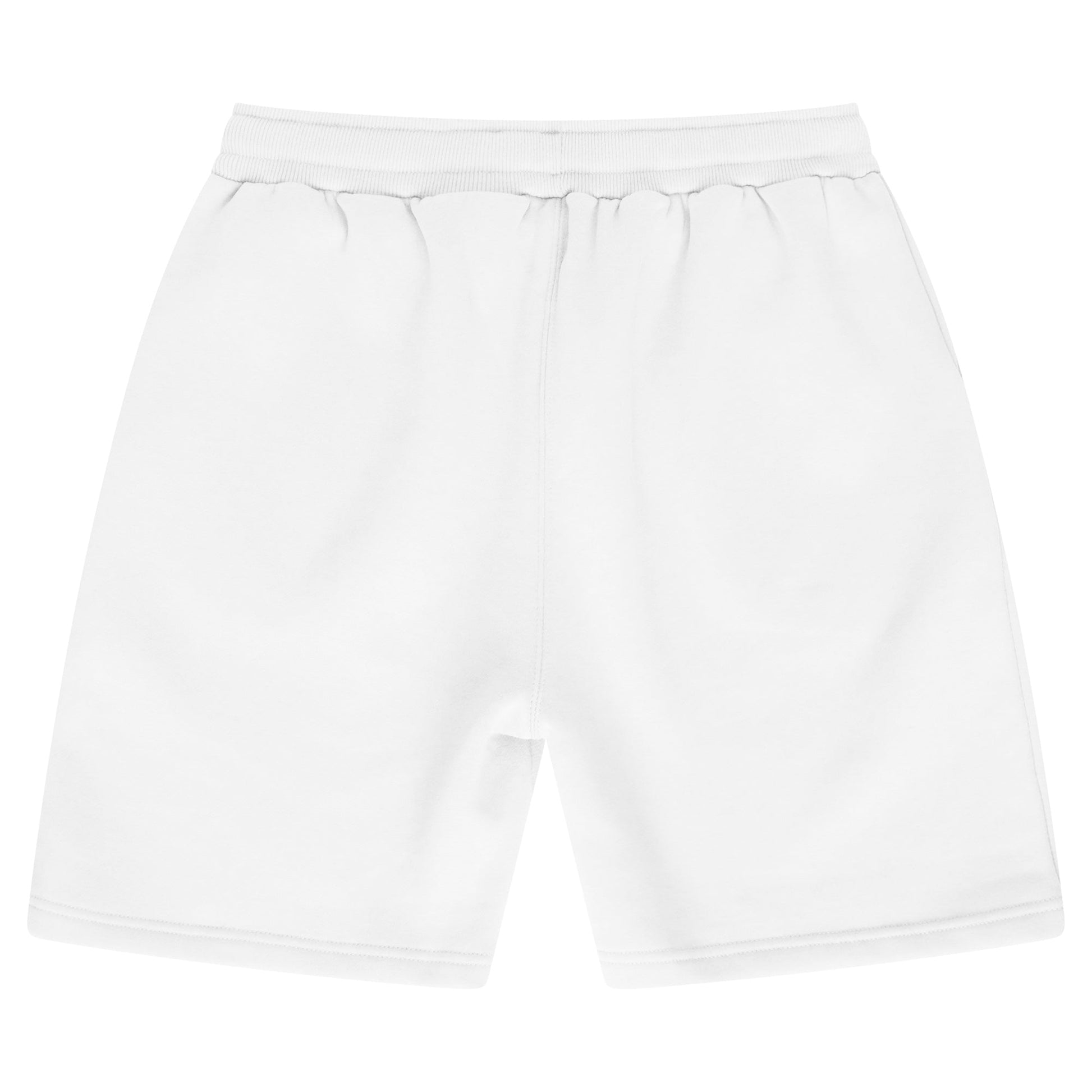 Back view of unisex white cotton shorts laid flat.
