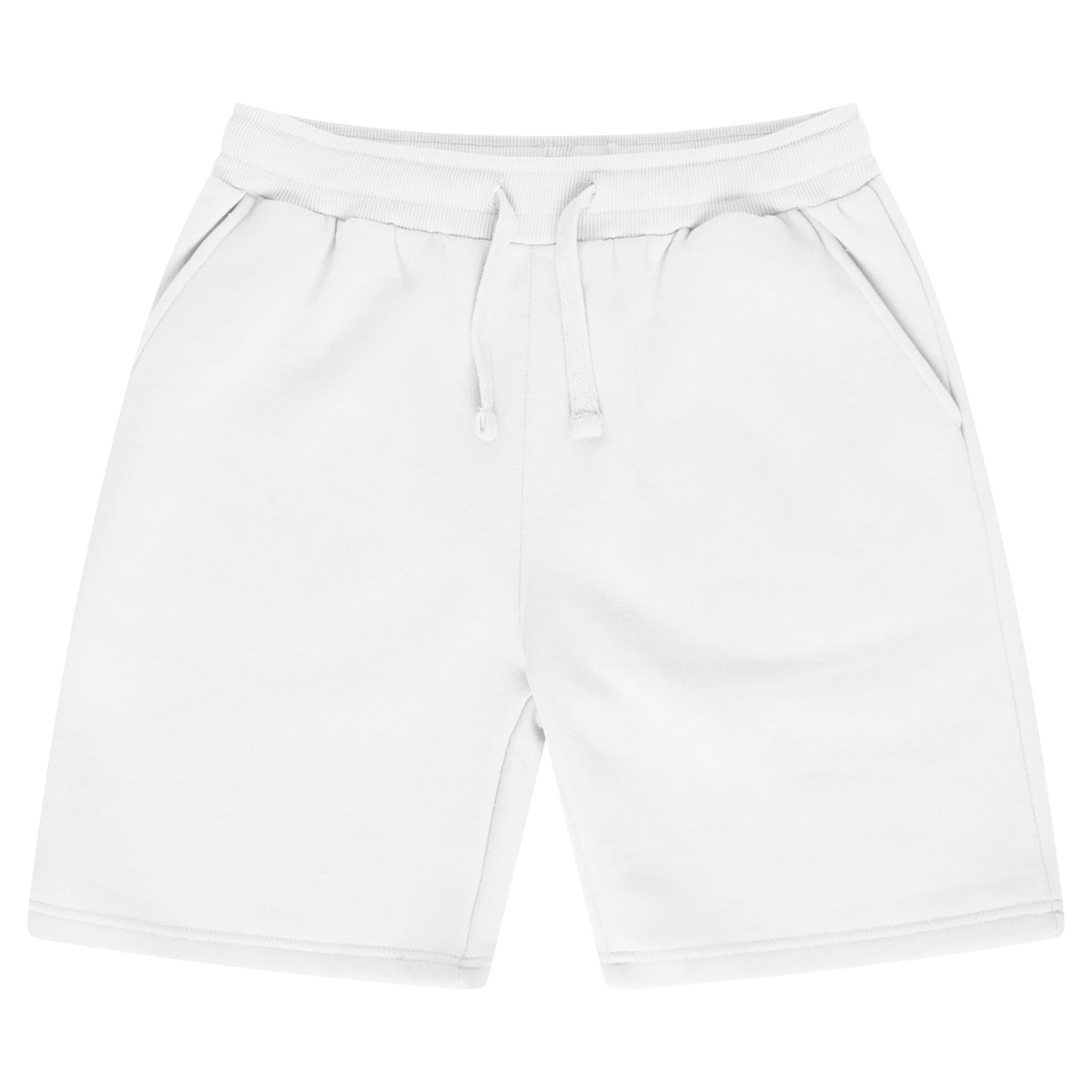 Front view of men's white fleece shorts from 365 Collection, laid flat.