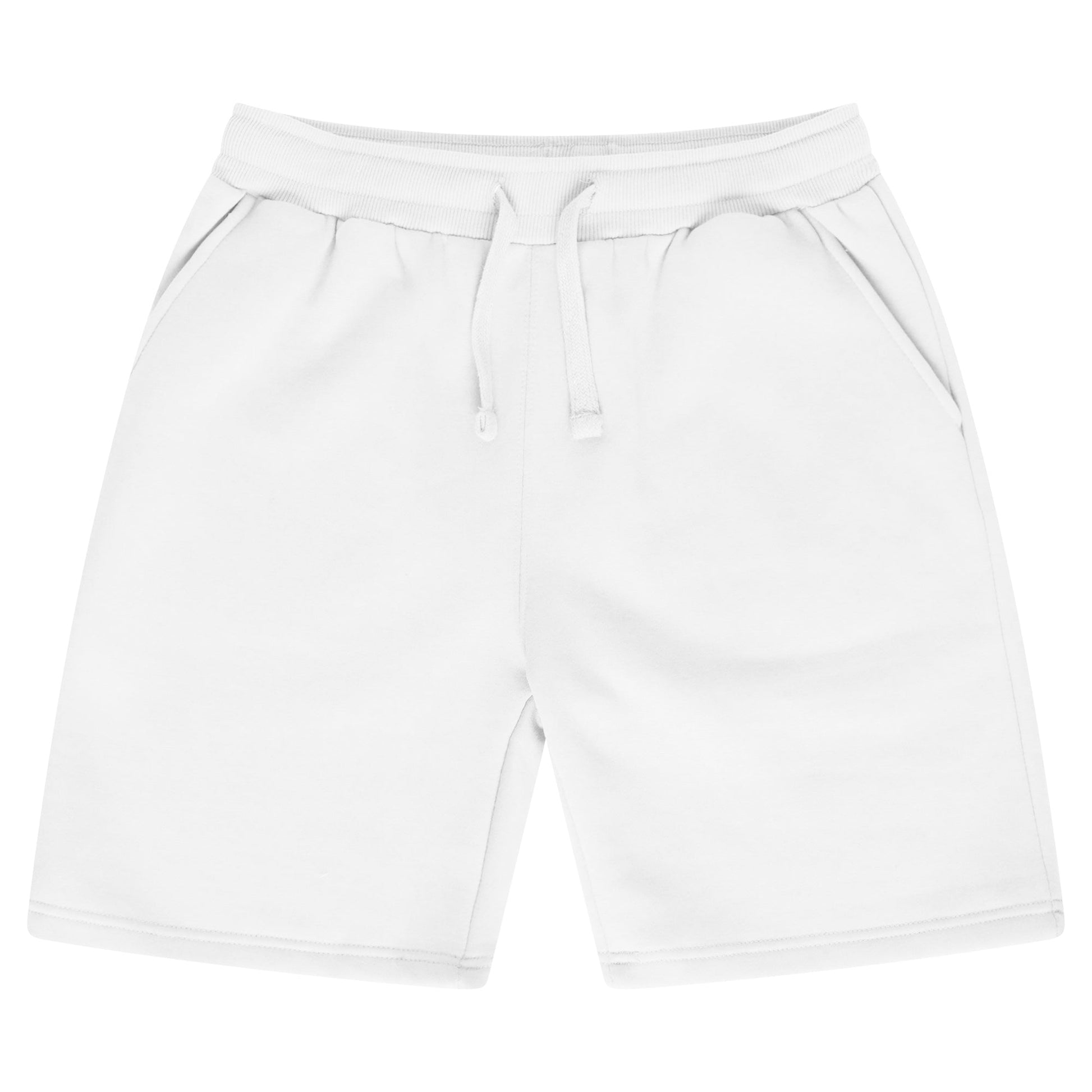 Front view of men's white fleece shorts from 365 Collection, laid flat.