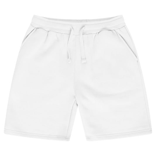Front view of men's white fleece shorts from 365 Collection, laid flat.