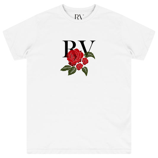 White oversized R &amp; V Rose T-Shirt featuring a detailed red rose graphic centered on the chest with a classic round neckline.