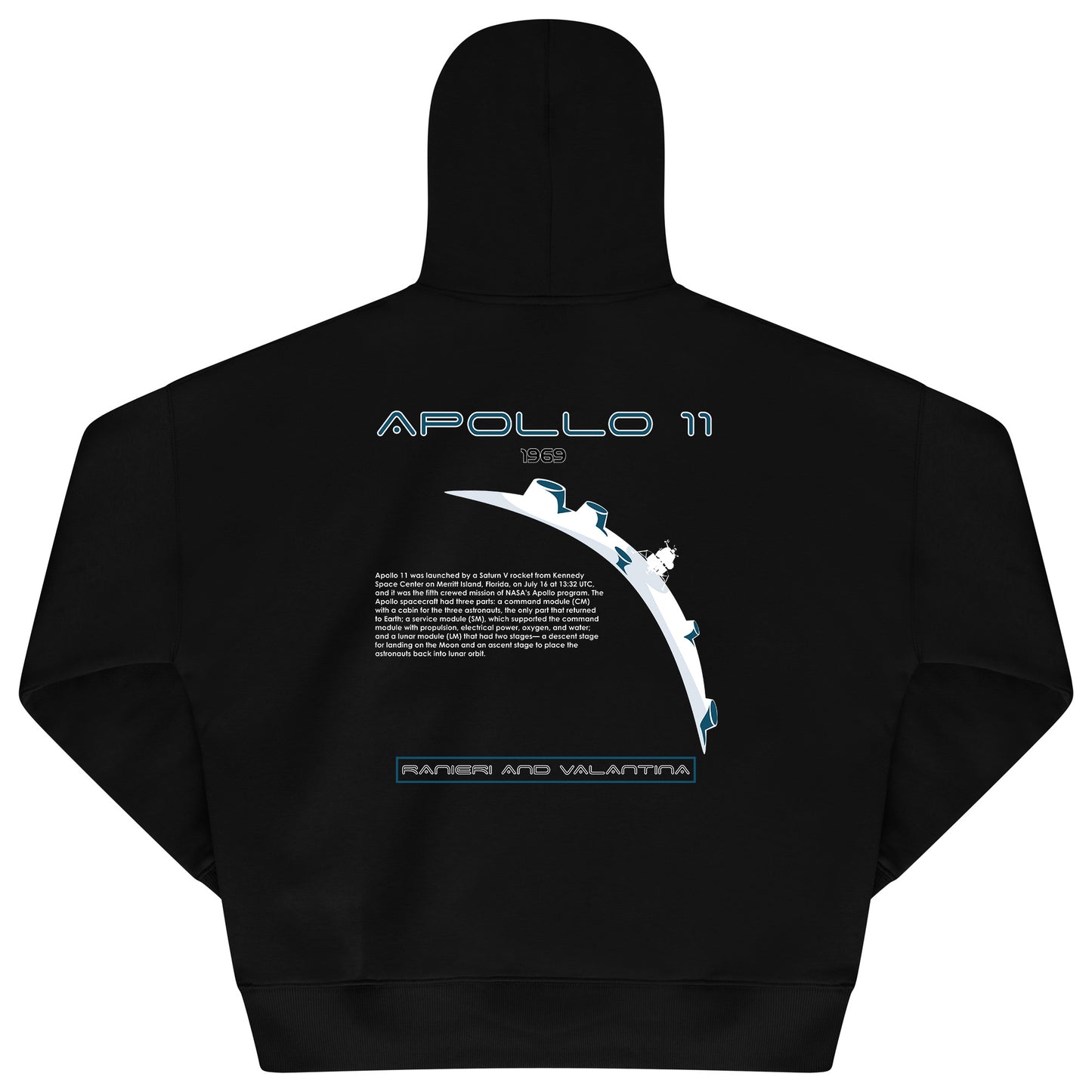 Back flat lay of men’s black Apollo 11 Oversized Hoodie featuring bold Apollo 11 mission graphic and lunar details – oversized fit.