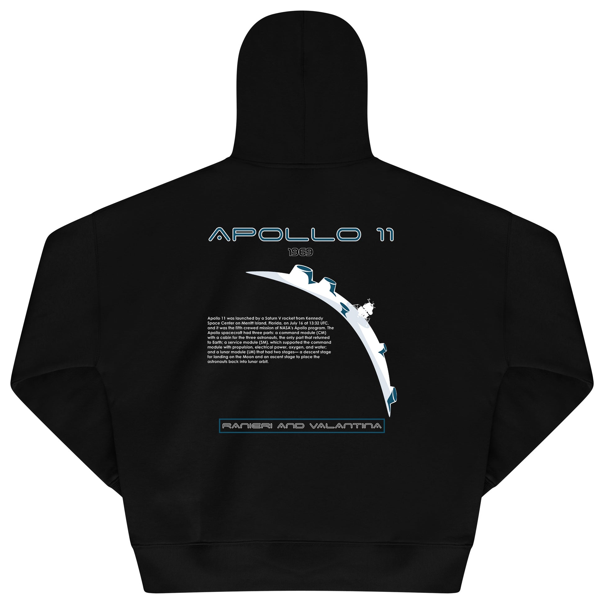 Back flat lay of men’s black Apollo 11 Oversized Hoodie featuring bold Apollo 11 mission graphic and lunar details – oversized fit.