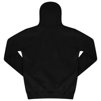 Back view of black hoodie highlighting relaxed fit and ribbed trims.