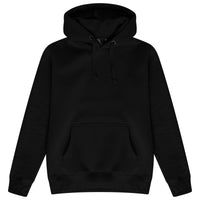 Basic black hoodie for women with adjustable drawstrings and a kangaroo pocket, laid flat. 