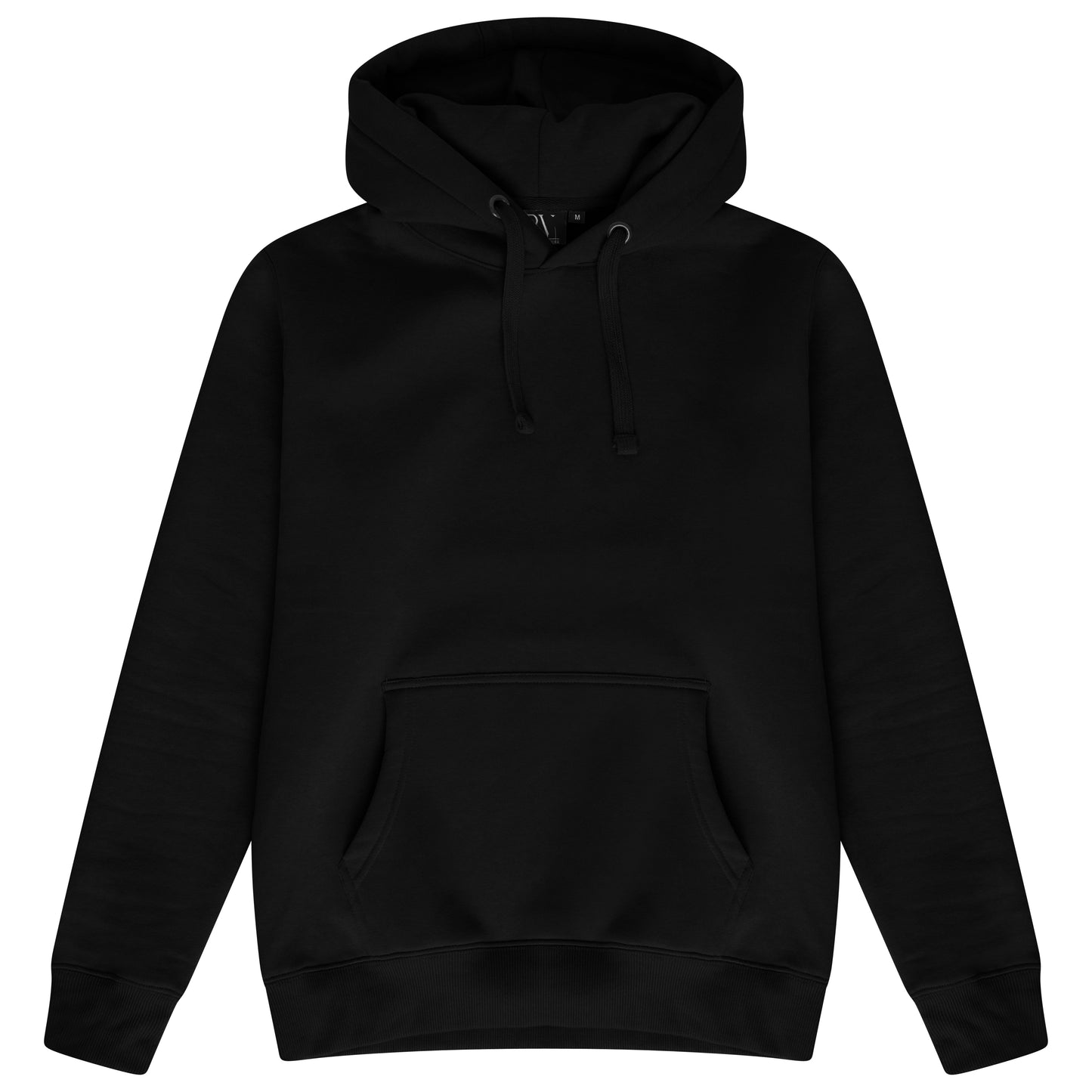 Basic black hoodie for women with adjustable drawstrings and a kangaroo pocket, laid flat. 
