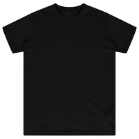 Basic black cotton t-shirt for women laid flat, featuring a round neckline and short sleeves. 