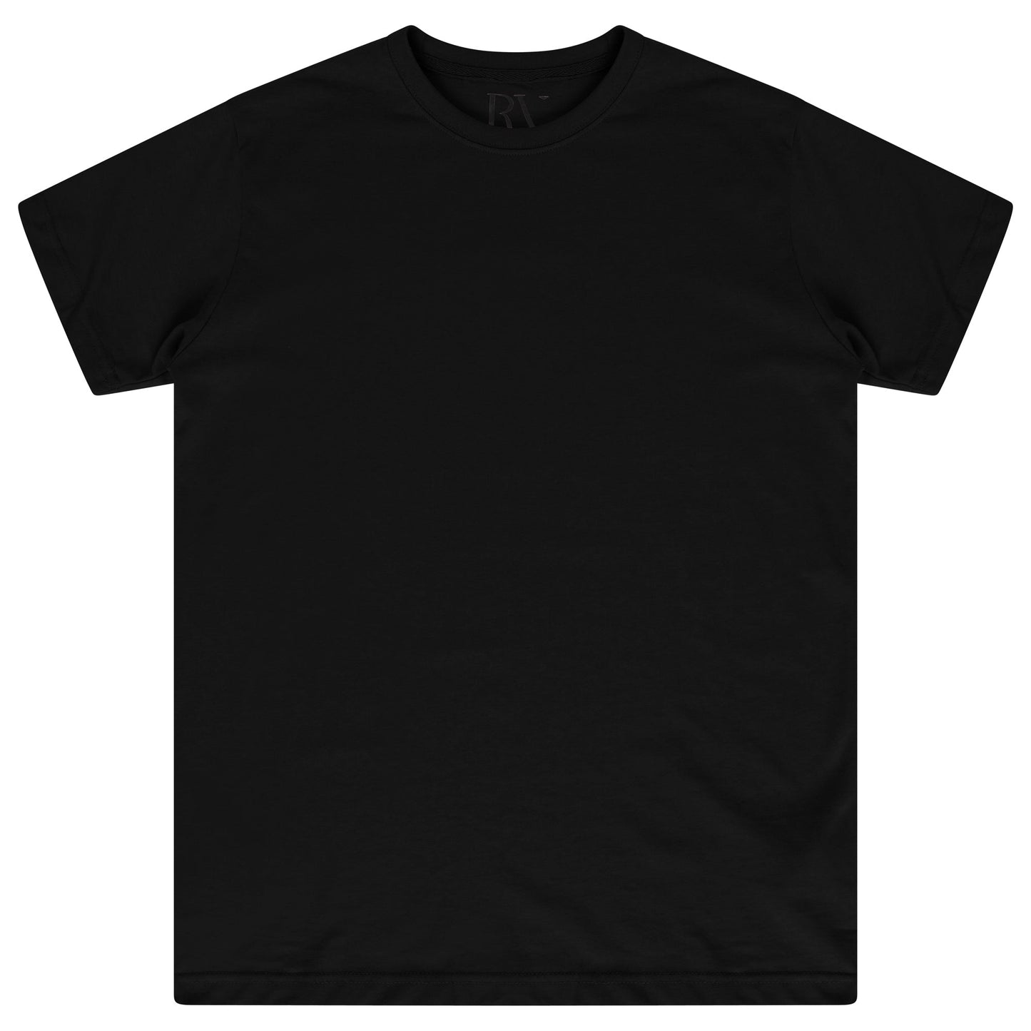 Basic black cotton t-shirt for women laid flat, featuring a round neckline and short sleeves. 