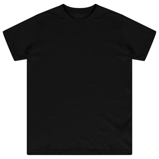 Basic black cotton t-shirt for women laid flat, featuring a round neckline and short sleeves. 