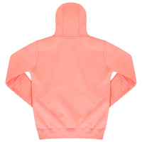 Back view of basic coral women’s hoodie showing relaxed fit and classic hood. 