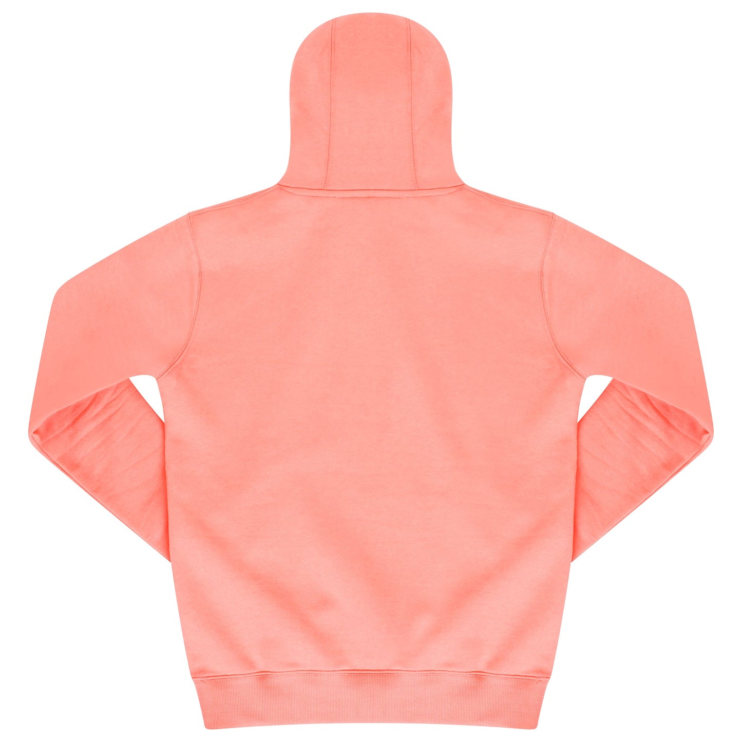 Back view of basic coral women’s hoodie showing relaxed fit and classic hood. 
